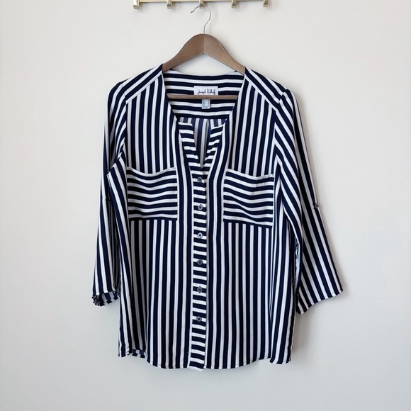 Joseph Ribkoff Striped Shirt 8 Button Down Navy Blue White - Picture 8 of 8